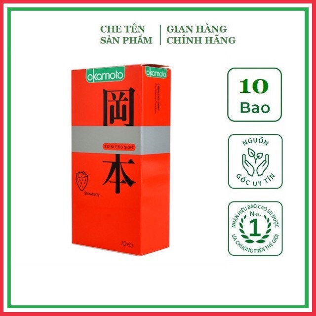 Bao cao su siêu mỏng Okamoto Strawberry hương Dâu Nhật Bản (Hộp 10C, hộp 3C)