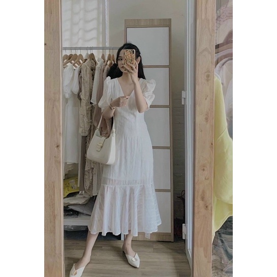 Đầm maxi trắng cổ v tay ngắn form body đuôi cá đứng MS013