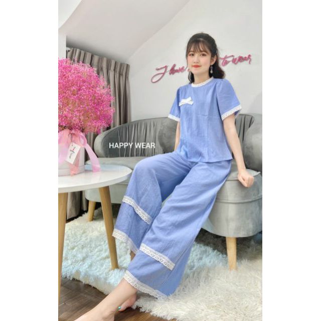 Set Đồ Bộ Mặc Nhà Phối Ren - Vải Lụa Tuyết Cao Cấp - Vải Dày Dặn - 8 Màu - Form Quần Ống Rộng Sang Chảnh