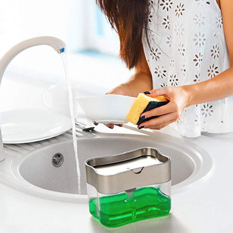 Bình Đựng Xà Phòng Dạng Nhấn Tay Kèm Mút Rửa Chén Tiện Dụng Cho Nhà Bếp