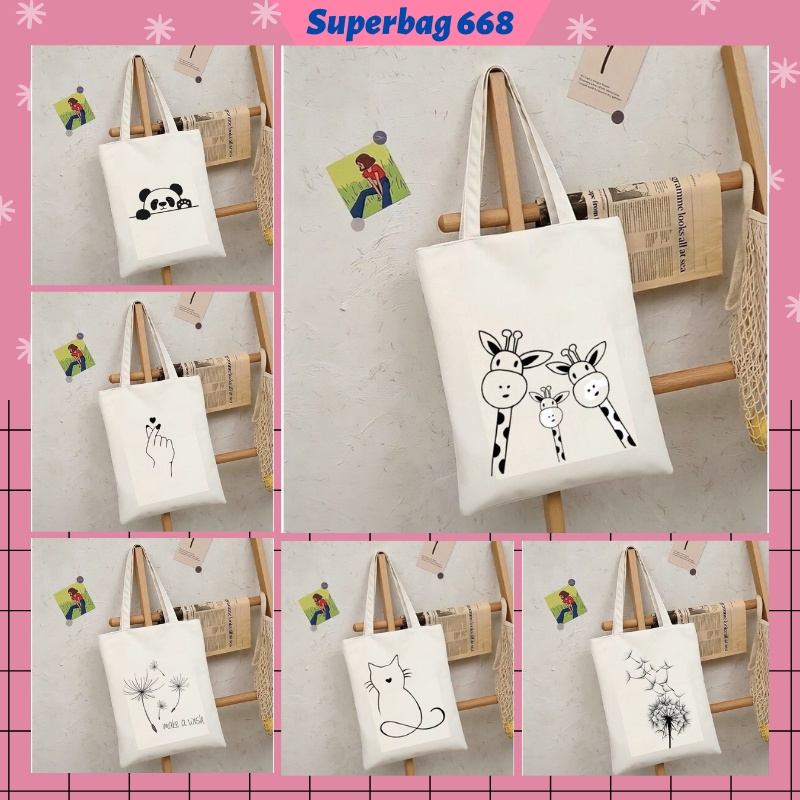 Túi tote túi vải canvas Hàn Quốc hoạ tiết đáng yêu đựng vừa A4 laptop đi chơi đi học HQ 215