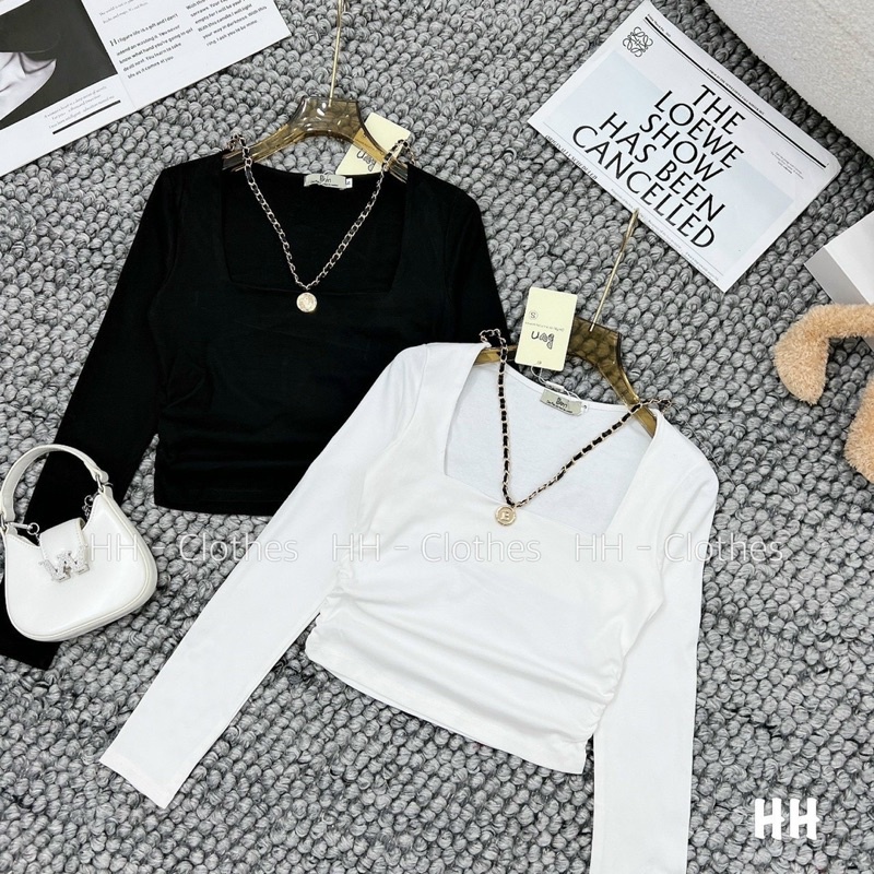 Áo Thun Tay Dài Cổ Vuông Dây Đan Vải Xích sang chảnh(kèm ảnh thật ) alohashop91