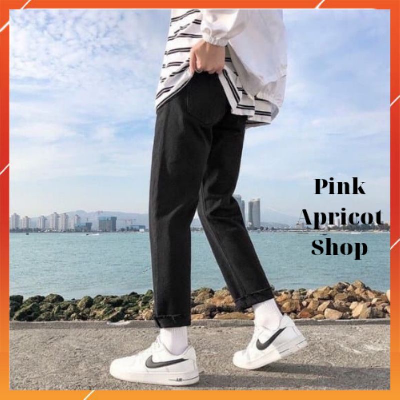Quần vải jean bò baggy nam quần jean bò baggy đen nam phong cách Hàn Quốc Pink Apricot Shop
