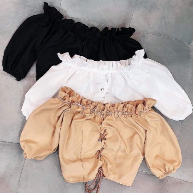 Áo dây đan crop tay ngắn nhún nhún