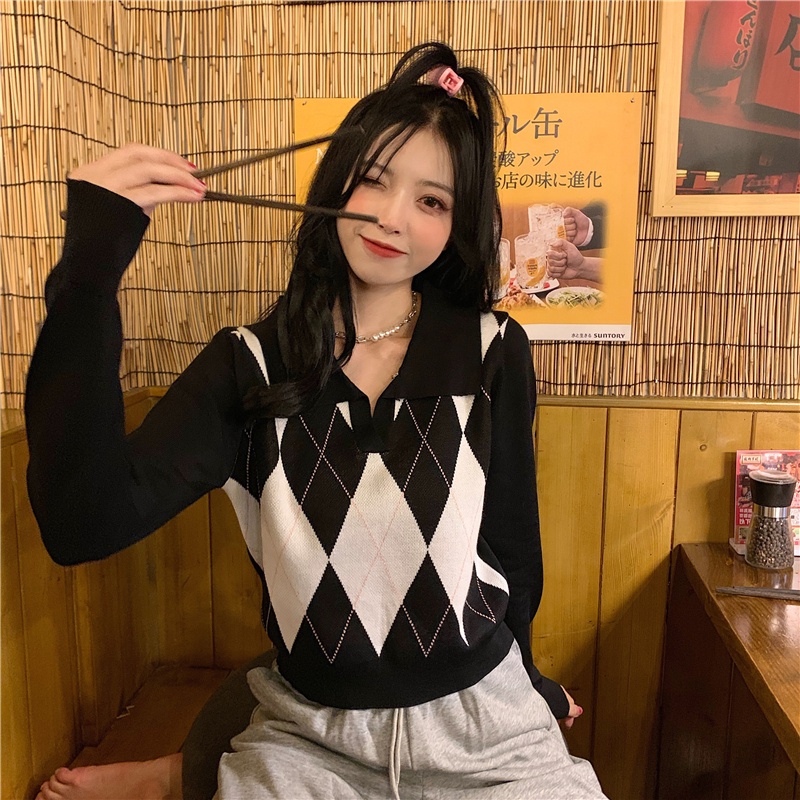 Áo thun COZOK polo tay dài họa tiết hình thoi nhiều màu sắc phong cách Hàn Quốc