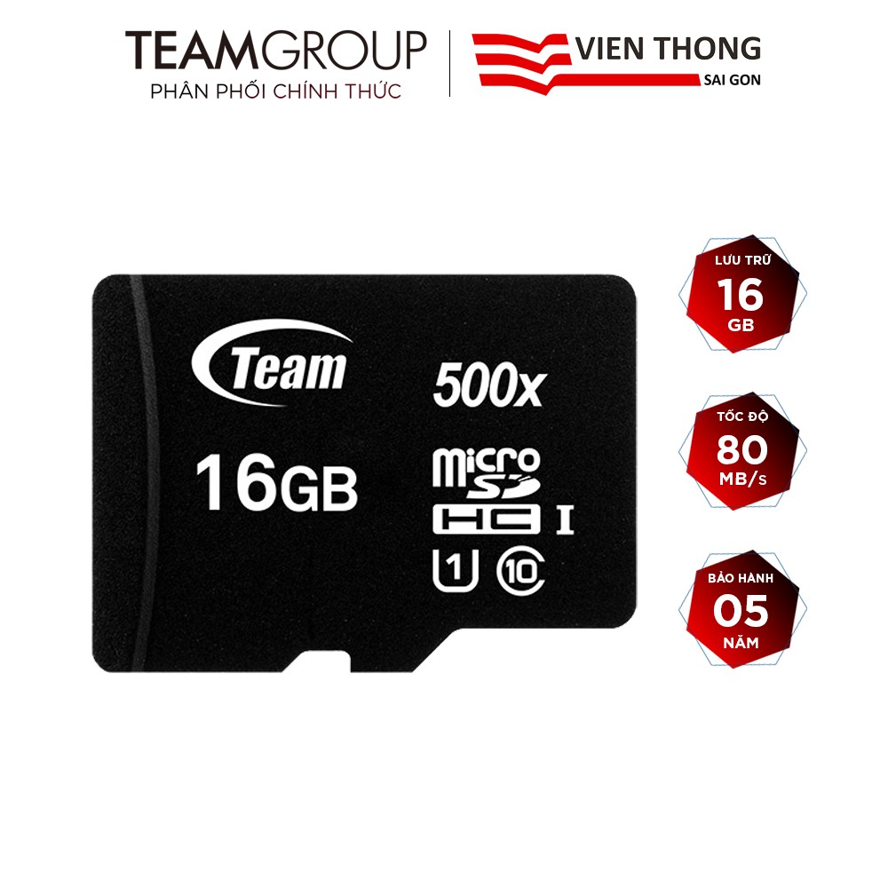 Thẻ nhớ micro SDHC Team 16GB upto 80MB/s 500x (Đen) - Hãng phân phối chính thức