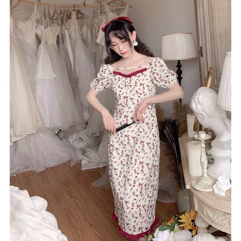 đầm bông lụa dáng suông cổ trễ ngắn tay