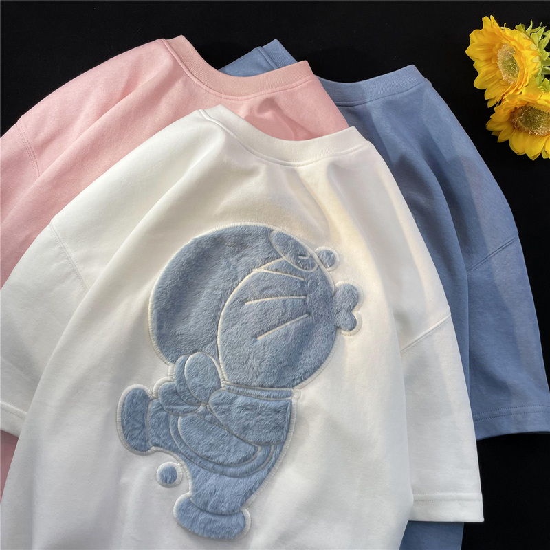 Áo Thun Tay Ngắn Dáng Rộng In Hình Doraemon Phong Cách Âu Mỹ Thời Trang Mùa Hè Cho Nữ