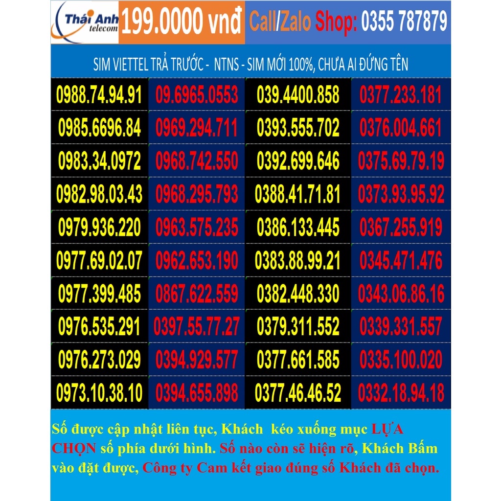 Sim ĐẸP Viettel TRẢ TRƯỚC - Mới 100% - CHỌN SỐ - Sim 4G, Nghe gọi - nhiều gói cước hấp dẫn đồng giá 199.000 vnđ