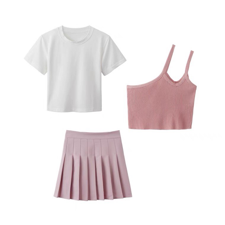 Chân Váy Xếp Ly, Áo phông Trắng Nữ, Crop Lệch Vai Free Zise Dưới 58Kg | BigBuy360 - bigbuy360.vn