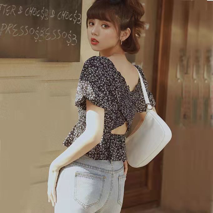 Anna's Backless shredded floral chiffon shirt women's new 2021 summer dress 100-piece body-style square collar bubble sleeve folds on the dress