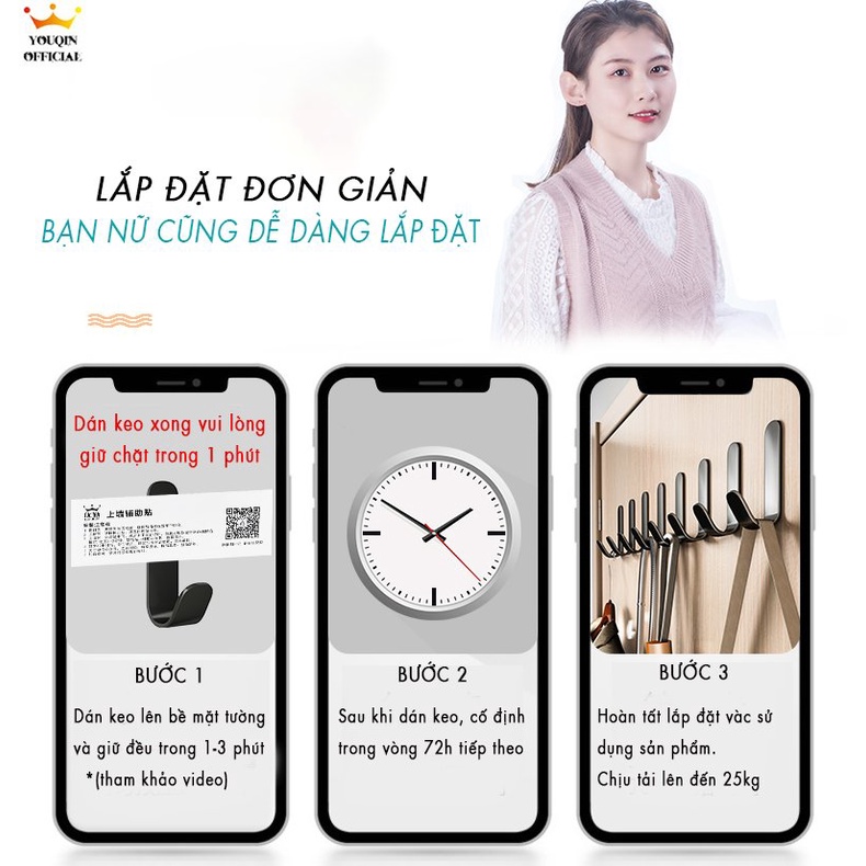 Bộ 5 Móc Treo Đồ Dán Tường - YouQin Chất Liệu Hợp Kim Nhôm Không Gỉ, Dán Keo Siêu Chắc, Không Khoan Đục