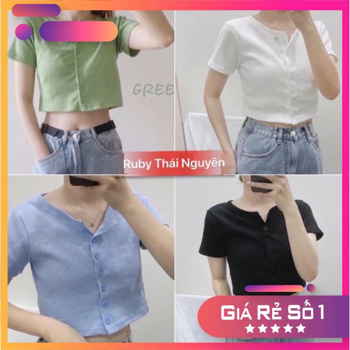 [RẺ VÔ ĐỊCH] Áo Croptop Cổ Tim Cài Cúc Tay Ngắn Form Ôm Xinh Xắn | BigBuy360 - bigbuy360.vn