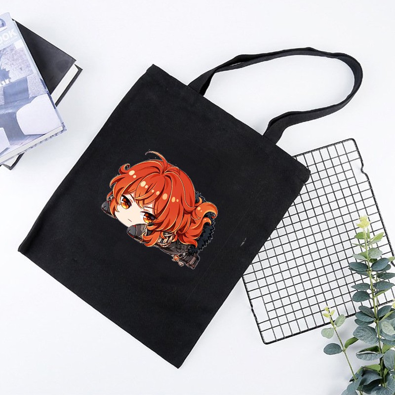 Túi tote vải đen đeo vai in hình NHÂN VẬT GENSHIN IMPACT tiện lợi thời trang anime chibi game M1