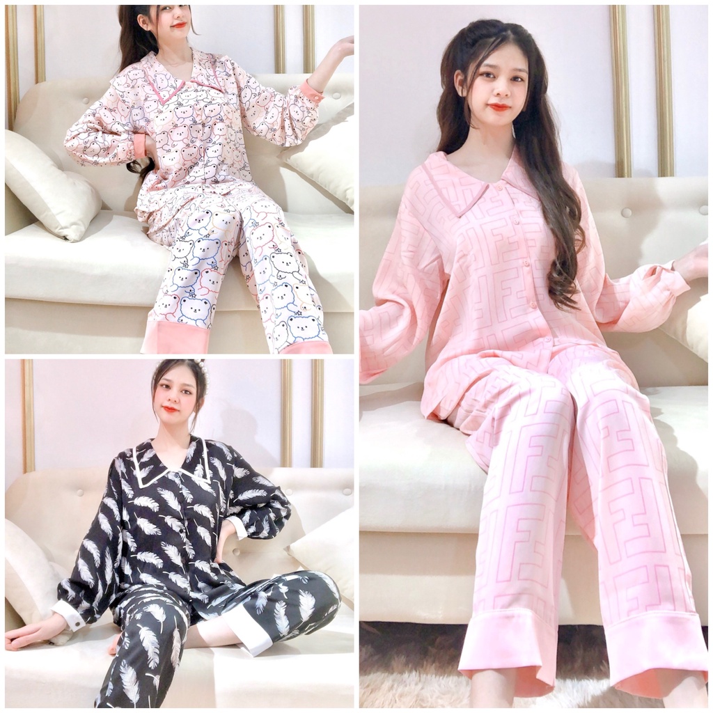 Bộ pijama dài tay lụa thiết kế cổ nhọn cao cấp nữ set bộ đồ ngủ quần dài suông áo pyjama form rộng in hoạ tiết Ailee