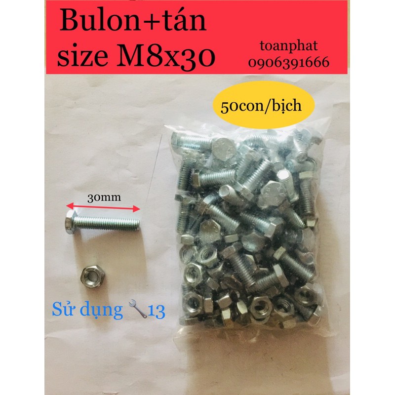 50 bộ bulon + tán M8| size M8x30 mm