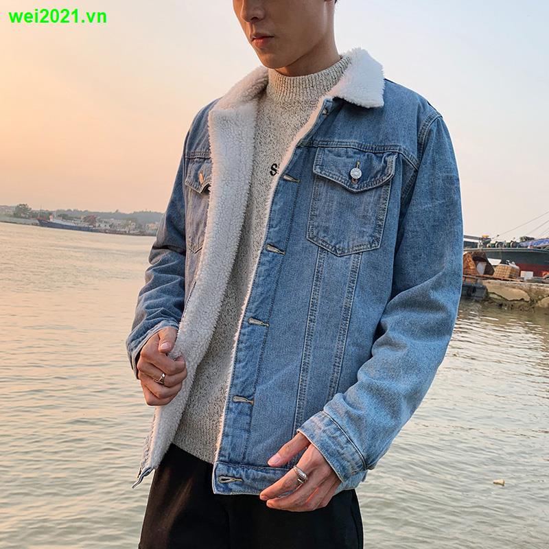 Áo khoác denim lót lông cừu giả lót nhung dày giữ ấm thời trang mùa đông cho nam