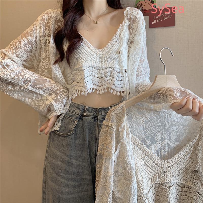 Bộ áo hai dây + áo khoác cardigan phối ren xinh xắn dành cho nữ có bán lẻ