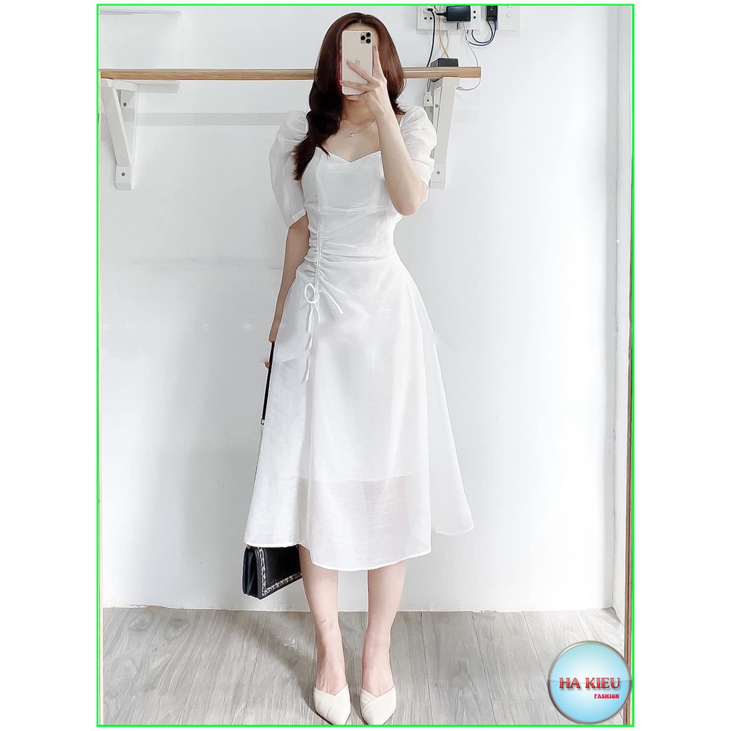 Đầm váy nữ dự tiệc midi rút dây eo hông chất Voon 2 lớp siêu đẹp.