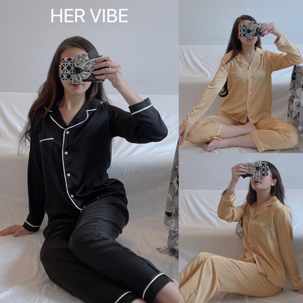 Bộ đồ nữ lụa pijama thu dáng dài quần áo ngủ ullazang xinh bộ ngủ pyjama màu trơn lụa quần dài tay dài nhiều màu