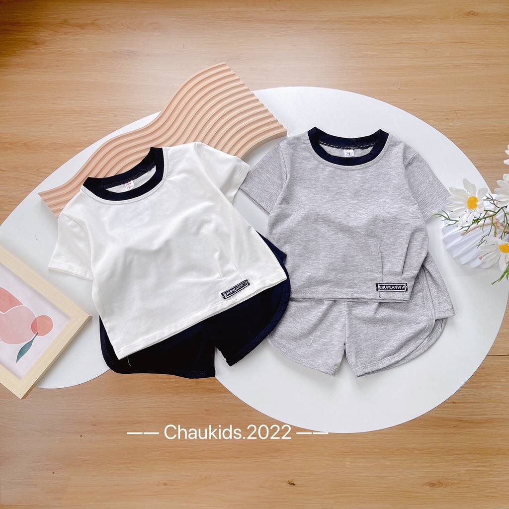 Bộ cộc tay kiểu dáng thể thao cho bé gái, Cặp bộ màu xám trắng xoắn eo cho bé gái