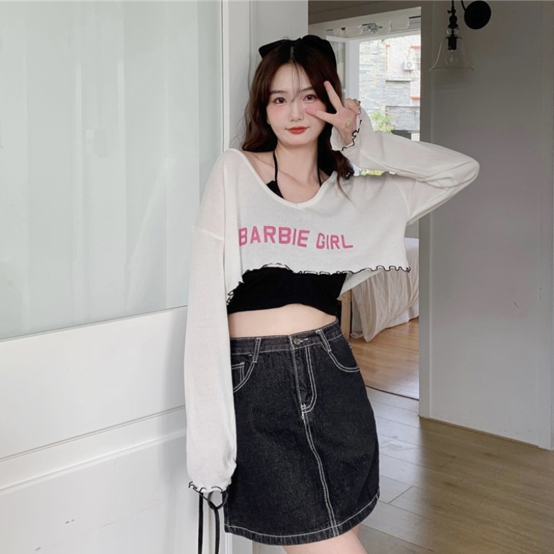 Áo Thun Dệt Kim Tay Dài Chống Nắng Hở Rốn Gợi Cảm Cho Nữ