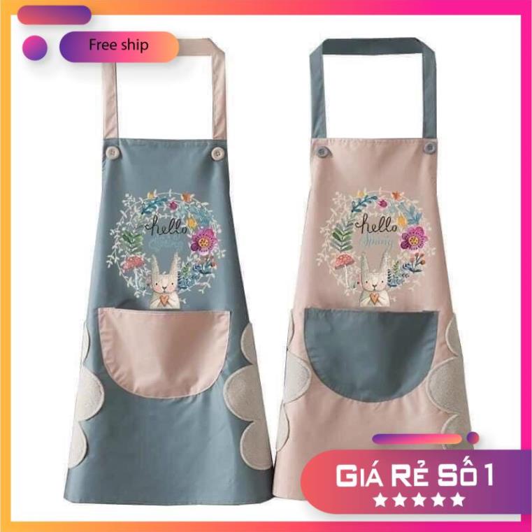 Tạp Dề Hoa Thỏ Chống Thấm Nước Có Chỗ Lau Tay