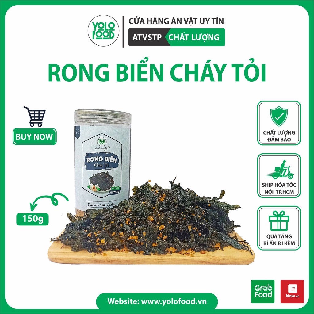 Rong biển cháy tỏi 150g YOLOFOOD đồ ăn vặt ngon, rong biển tỏi khô vị tỏi thơm lừng, giòn tan bao nghiện đóng hộp atvstp