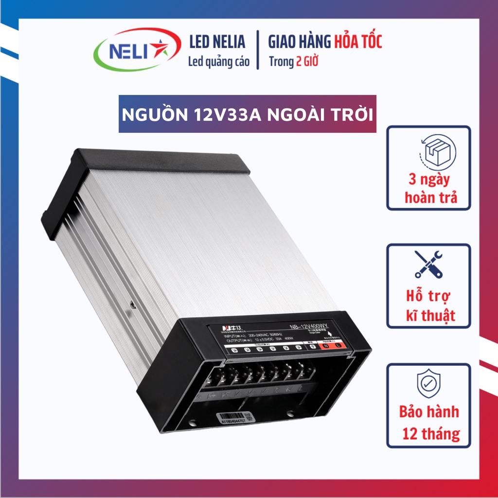 Nguồn LED 12V33A (12V400W) hãng NB vỏ nhôm ngoài trời chống mưa dùng cho led hắt làm chữ quảng cáo.