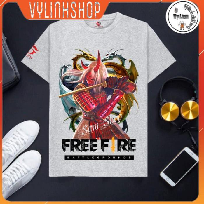 Áo thun nam tay lỡ💗FREESHIP💗 [SIÊU RẺ] Áo Free Fire cotton cổ tròn màu ghi xám cực chất - Nữ cầm kiếm nam đeo tai nghe