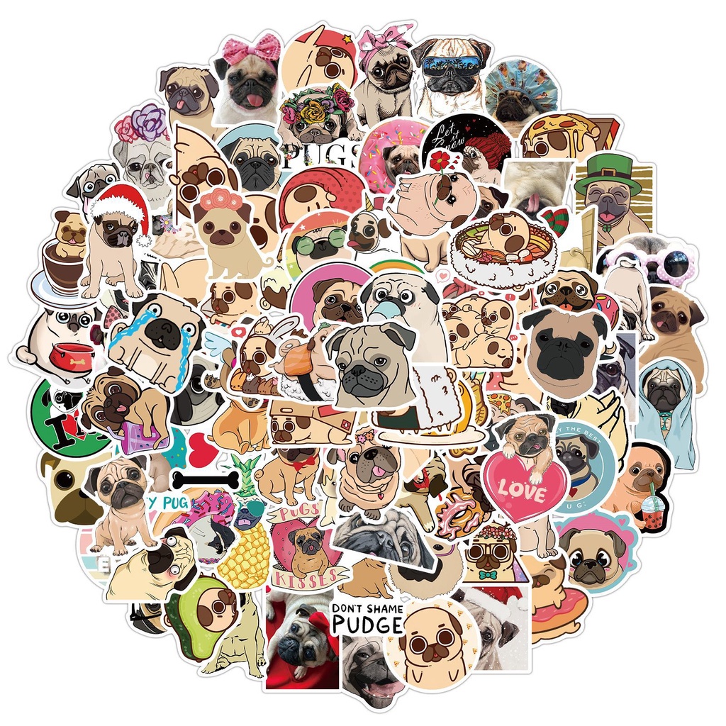 Set 100/ 50 miếng dán hình chú chó Pug dễ thương vui nhộn chống thấm nước trang trí đa năng