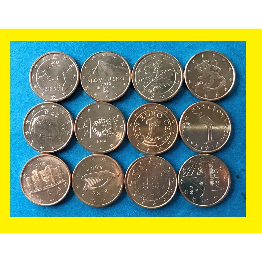 Bộ tiền 12 xu 1 cent của 12 nước và liên bang châu Âu Euro