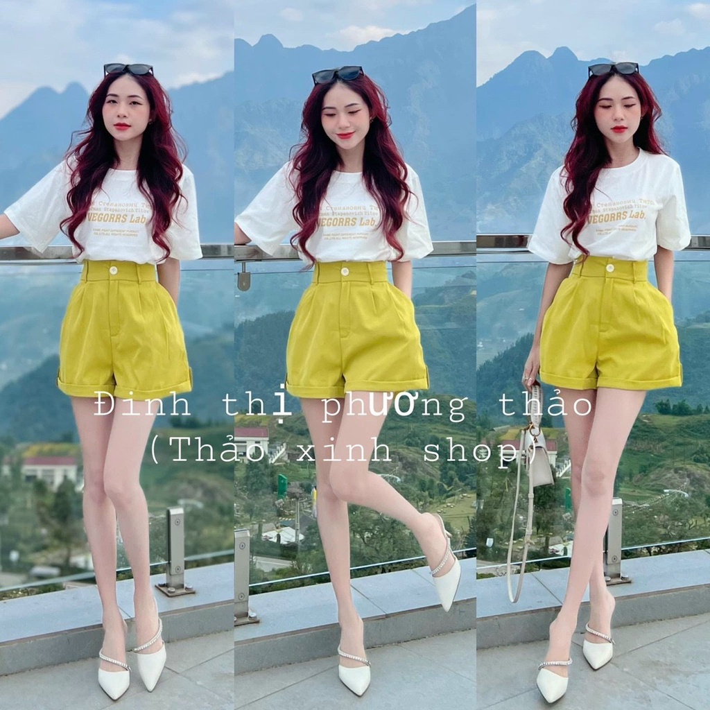 [10.10 Sales Freeship] Set bộ đùi nữ đi chơi, set áo thun trắng in chữ phối quần short đùi màu vàng lưng cao xinh xắn dx