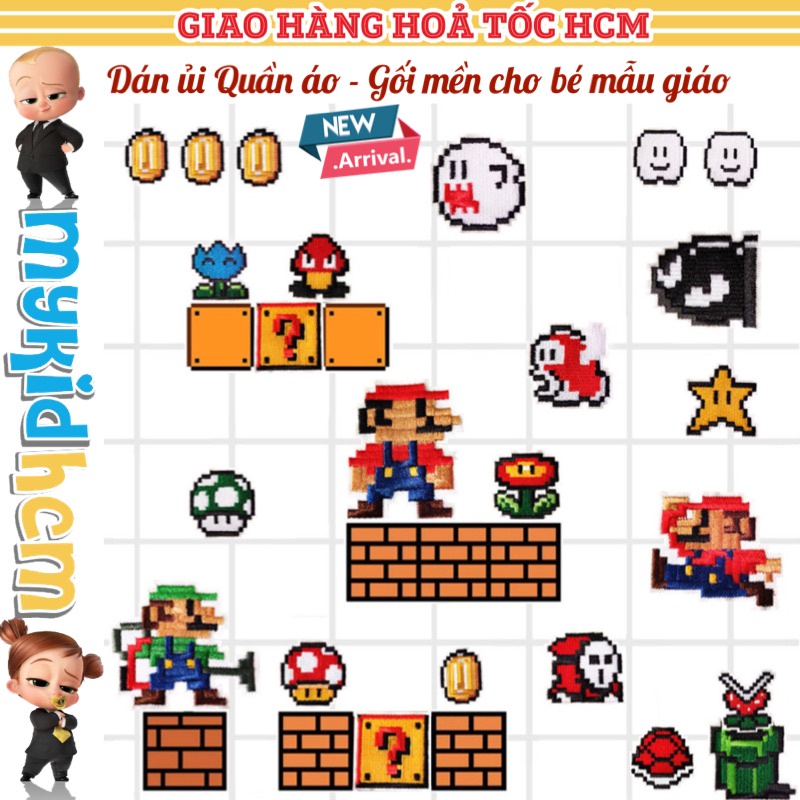 50 MẪU miếng DÁN ỦI quần áo bé TRAI mẫu giáo STICKER THÊU CAO CẤP CÓ SẴN KEO ỦI hình MARIO VÀ KHỦNG LONG