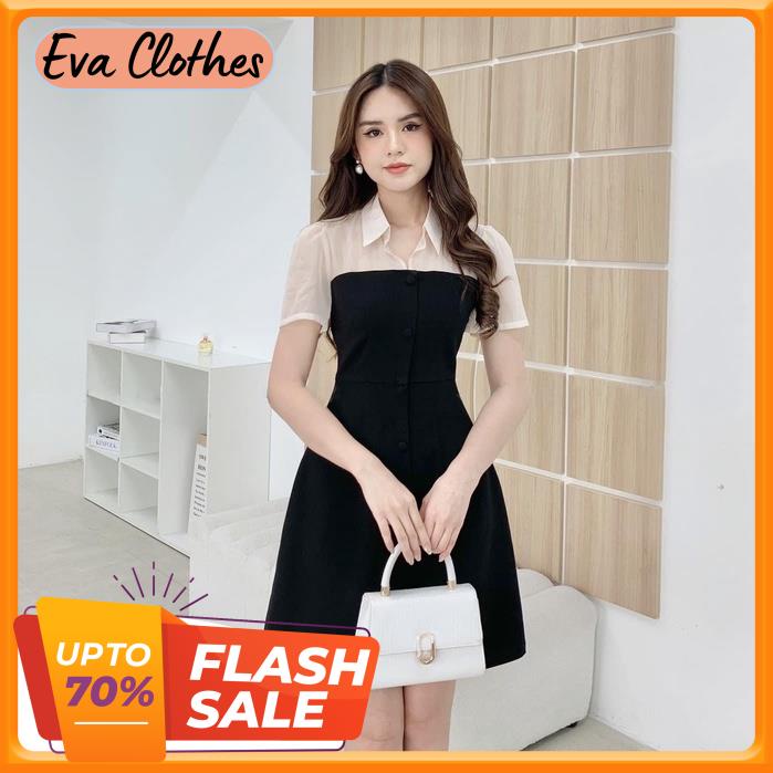 Đầm váy nữ dáng A tay ngắn cổ sơ mi cúc cài chiết eo lưng kéo khóa Eva Clothes
