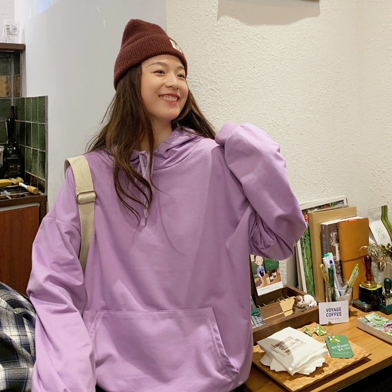 SUXI Áo Hoodie Mỏng Tay Dài Dáng Rộng Màu Trơn Thời Trang Mùa Thu Mới