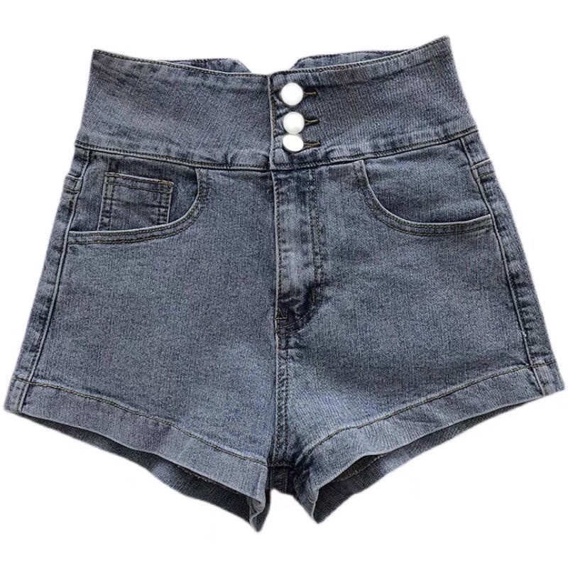 Jiashucheng Quần Short Denim Chữ a Lưng Cao Ống Rộng Phối Dây Xích Kim Loại Thời Trang Mùa Hè Cho Nữ