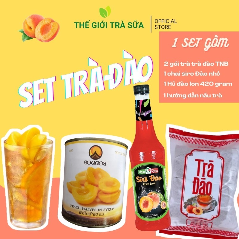 Set trà đào tự pha 3 món ( lon đào 420 gr , 2 gói trà đào túi lọc, 1 siro mini hương đào) pha được 8-10 ly làm đồ uống.