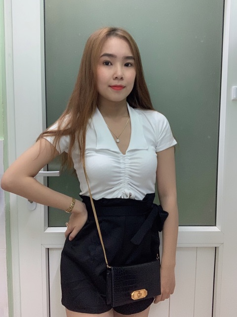 Áo thun Croptop cổ sơ mi dây rút