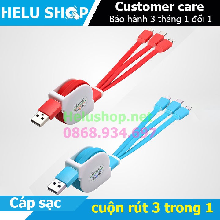 Cáp sạc đa năng cuộn rút 3 trong 1 (Lightning, MicroUSB,Type C) Siêu Bền Nhỏ Gọn Thời Trang