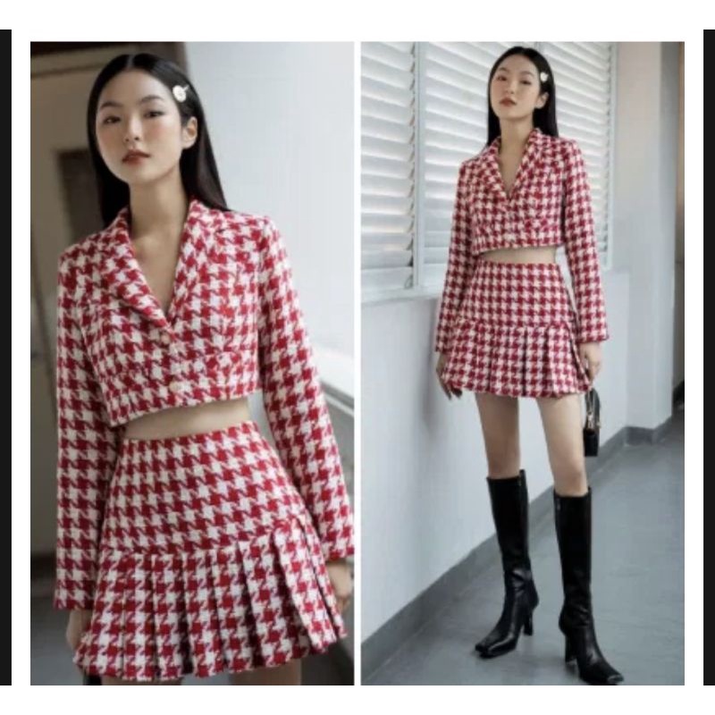 Set váy dạ ziczac đỏ dáng croptop.Áo cổ vest phối chân váy xếp ly lưng cao.Set đồ nữ cao cấp