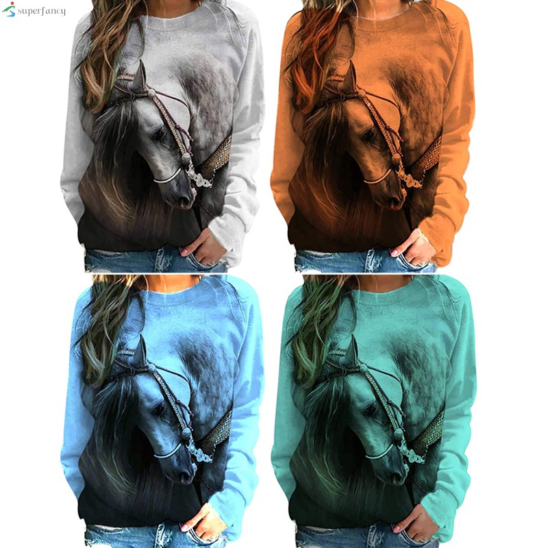 Women's Casual Horse Fun Print Sweatshirt Pullover Loose Long Sleeve Round Neck Blouse for Every Day