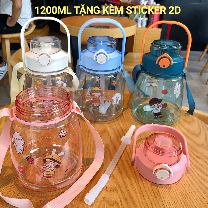 Bình nước cute dễ thương có ống hút 1300ml cho bé đi học tặng kèm sticker FITEZY HCM