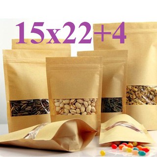 15x22 - 50 Túi zipper giấy kraft đáy bầu dục phủ bóng - đựng được nước, cửa sổ đáy đứng, video sản phẩm thật