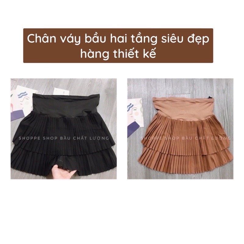 Chân váy bầu xếp li 2 tầng thời trang bầu teen màu nâu,đen (Ảnh thật phía sau)