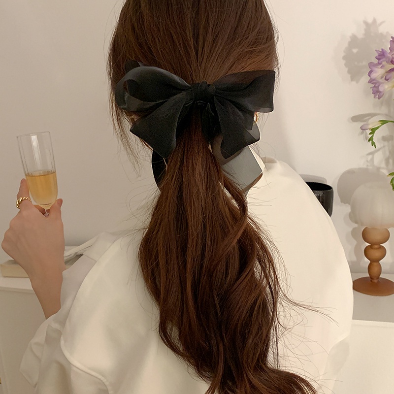 Kẹp Tóc Nơ Vải Chiffon Phối Lưới Cố Định Tóc Đuôi Ngựa Cho Nữ