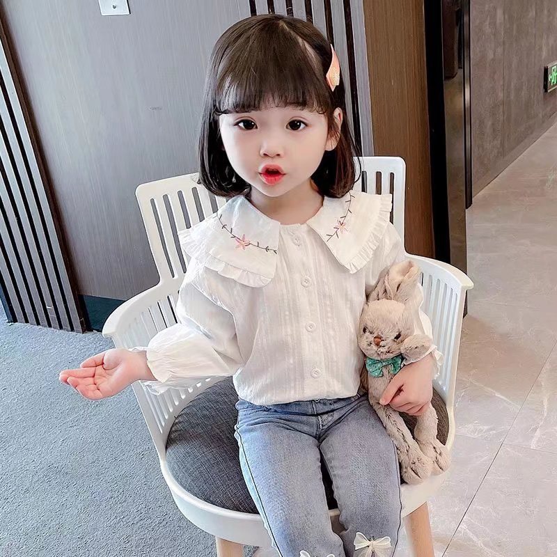 AG08 - Áo Sơ Mi Bé Gái, Áo sơ mi trắng, cổ cánh sen, thêu hoa cho bé gái từ 8-21kg, Richkid123