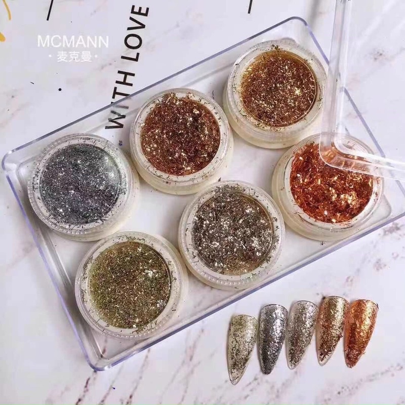 Set nhũ 6 màu ẩn gel, ẩn bột, phụ kiện nail, trang trí móng