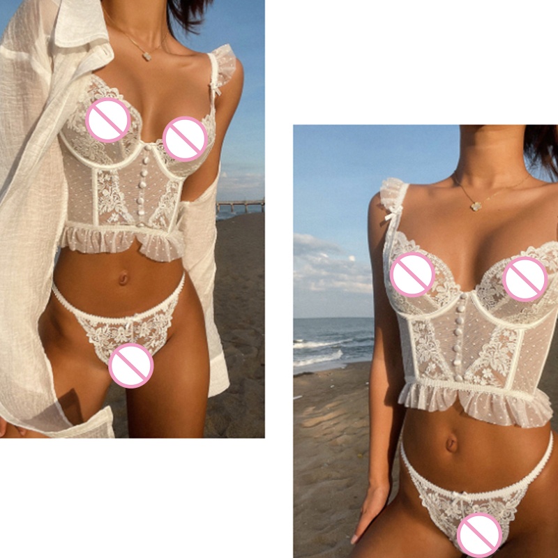 Set Đồ Lót 2 Mảnh Phối Ren Hoa Xuyên Thấu Phong Cách Pháp Quyến Rũ Dành Cho Nữ