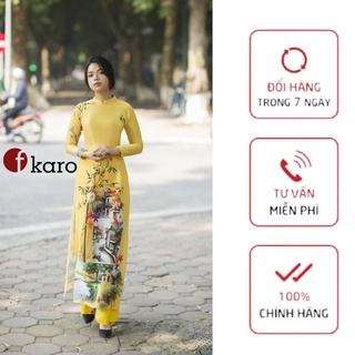 Áo dài truyền thống lụa thượng hải co giãn nhẹ ôm lên dáng chuẩn họa tiết phố cổ màu vàng Fkaro MT102